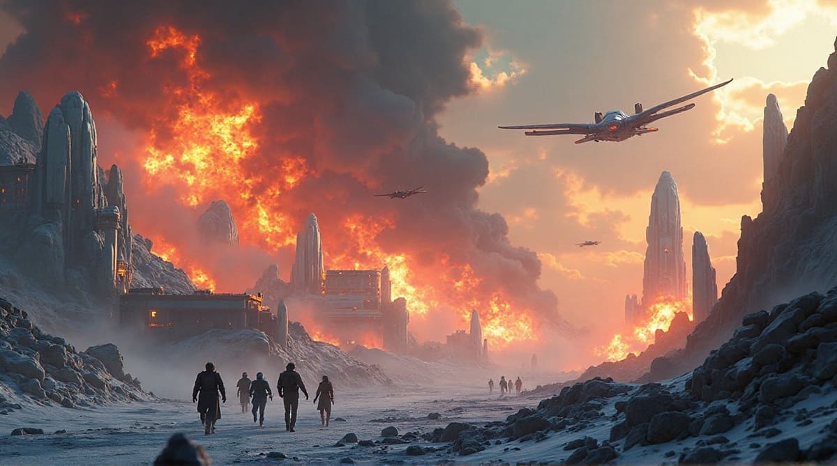 Epic sci-fi scene of Radon being attacked by alien warships during the ‘Attack on Radon’ chapter of Robojit and the Sand Planet.