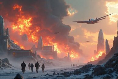 Epic sci-fi scene of Radon being attacked by alien warships during the ‘Attack on Radon’ chapter of Robojit and the Sand Planet.