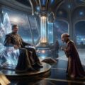 Cinematic visual of a benevolent king in regal attire confiding in an elderly counselor within a futuristic palace chamber.