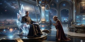 Cinematic visual of a benevolent king in regal attire confiding in an elderly counselor within a futuristic palace chamber.