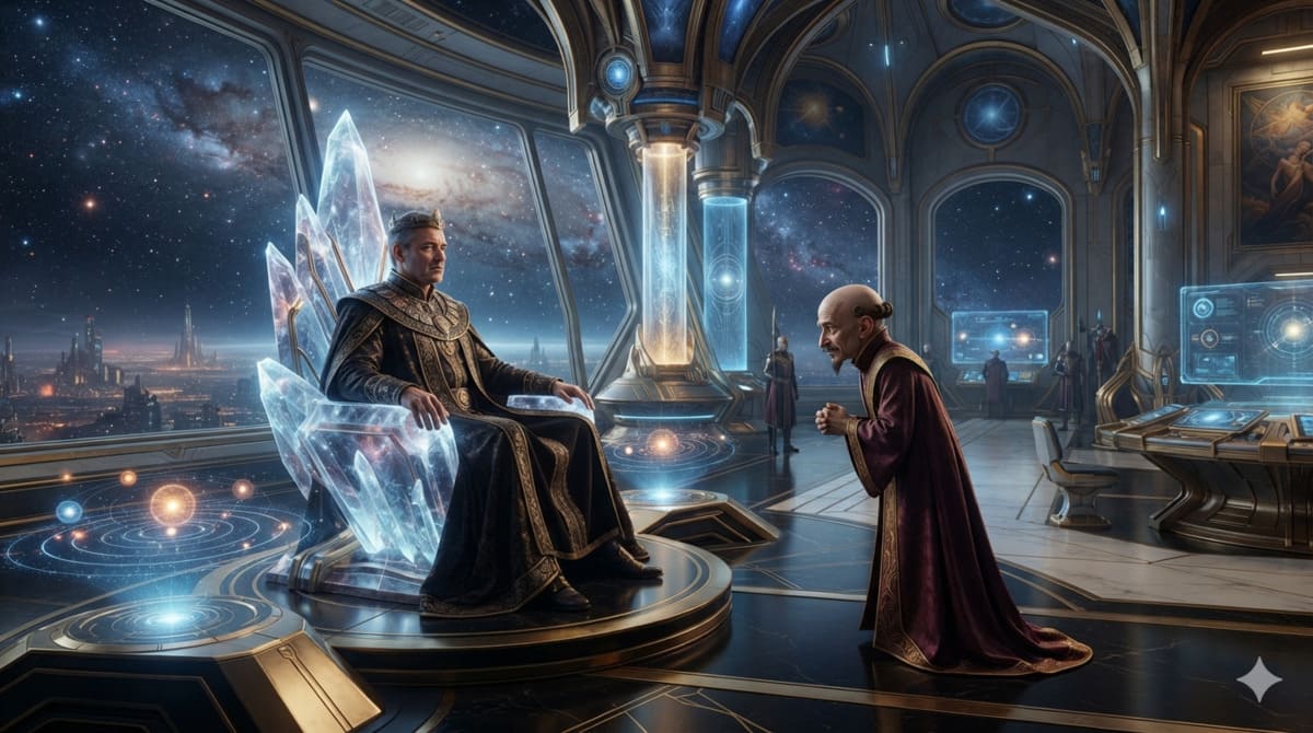 Cinematic visual of a benevolent king in regal attire confiding in an elderly counselor within a futuristic palace chamber.