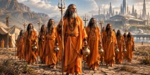 Holy man Maxworth and twelve ascetics holding tridents outside Radon capital in Robojit sci-fi superhero project.