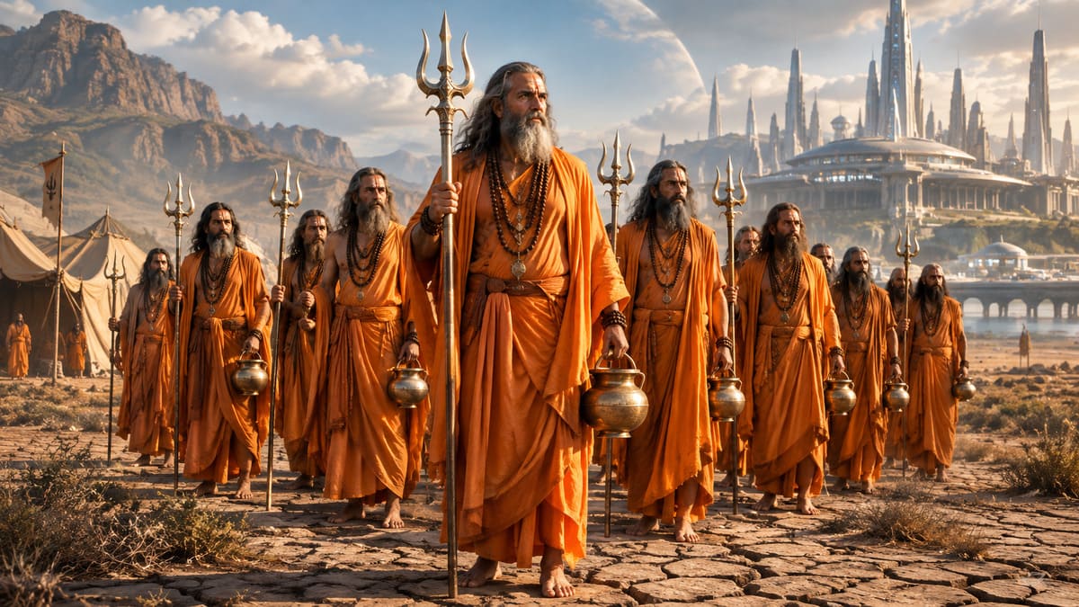 Holy man Maxworth and twelve ascetics holding tridents outside Radon capital in Robojit sci-fi superhero project.